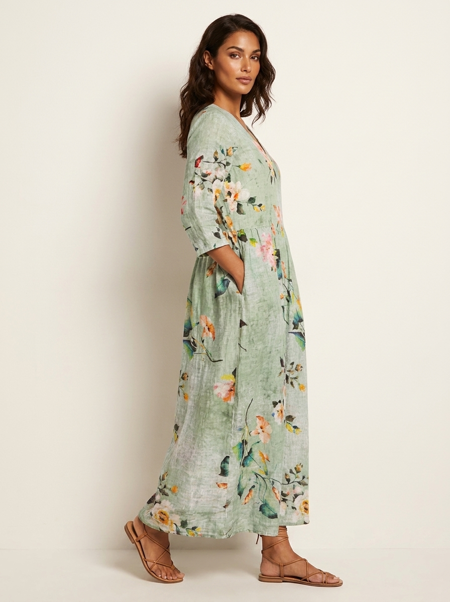Scarlett Robe Maxi Fleurie Femme Col V Fluide Élégante avec Poches Chic