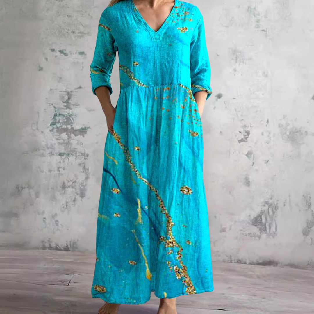 Scarlett Robe Maxi Fleurie Femme Col V Fluide Élégante avec Poches Chic