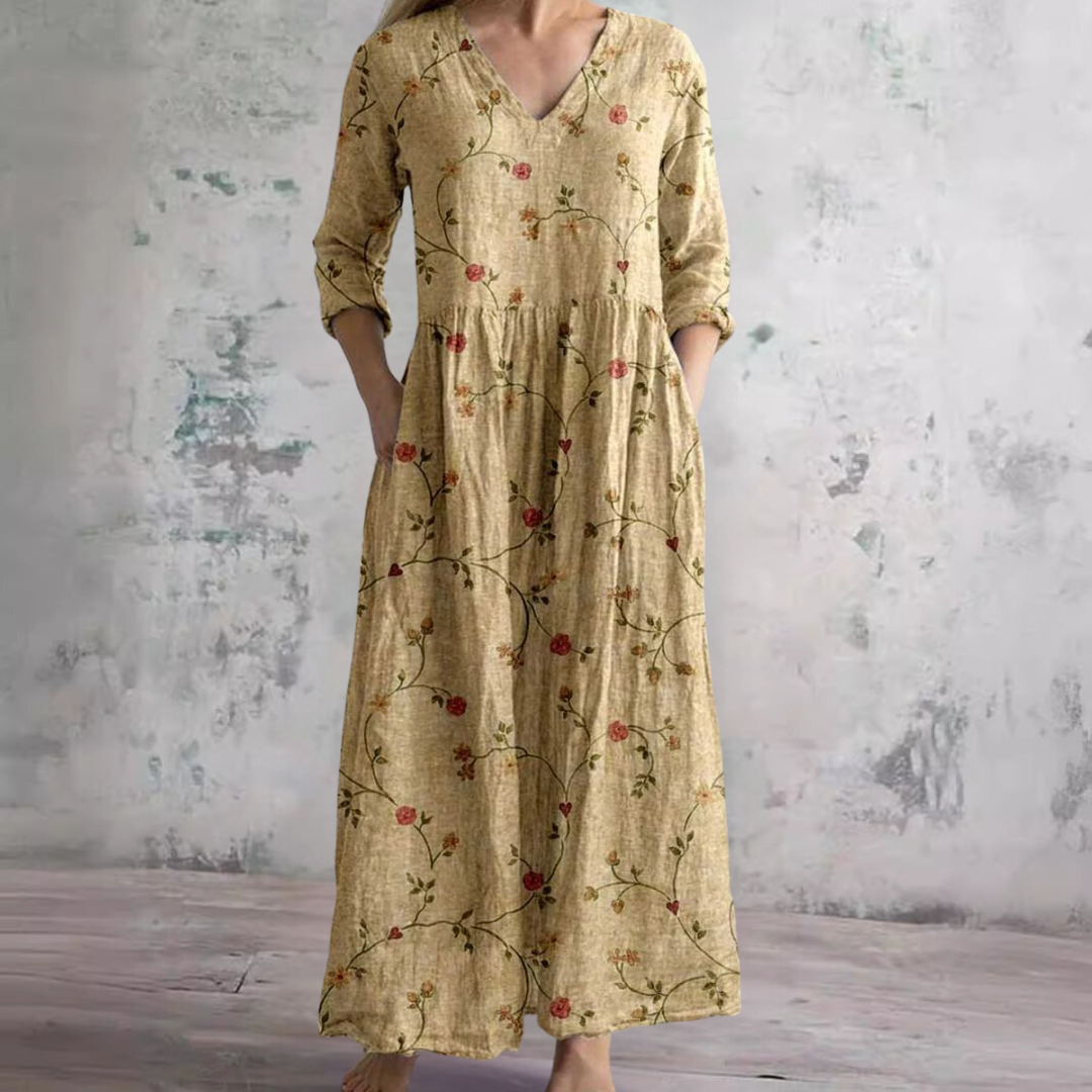Scarlett Robe Maxi Fleurie Femme Col V Fluide Élégante avec Poches Chic