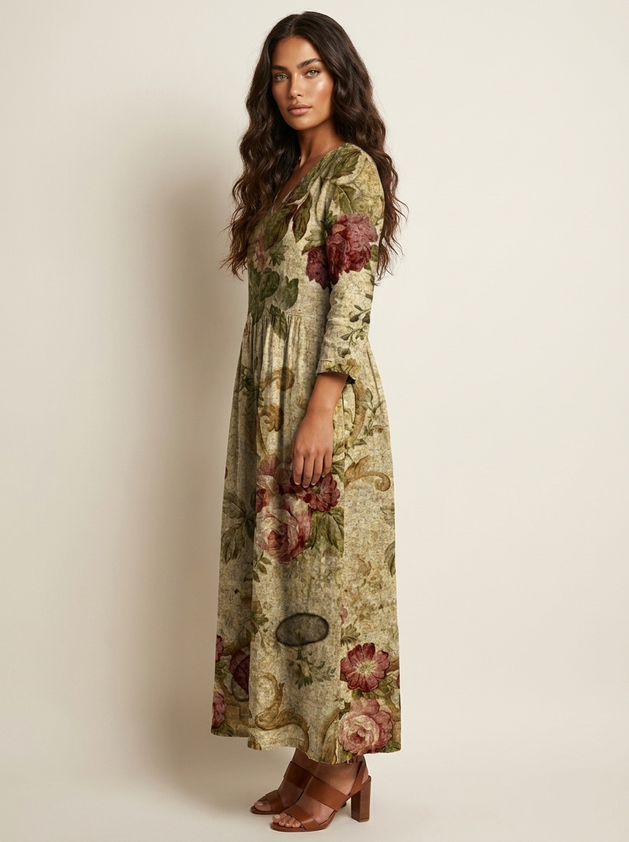Scarlett Robe Maxi Fleurie Femme Col V Fluide Élégante avec Poches Chic