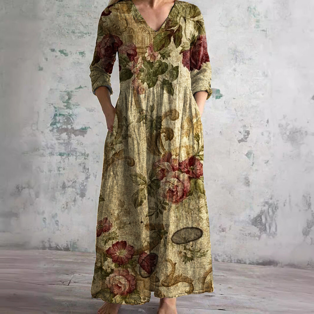 Scarlett Robe Maxi Fleurie Femme Col V Fluide Élégante avec Poches Chic