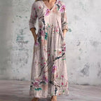 Scarlett Robe Maxi Fleurie Femme Col V Fluide Élégante avec Poches Chic