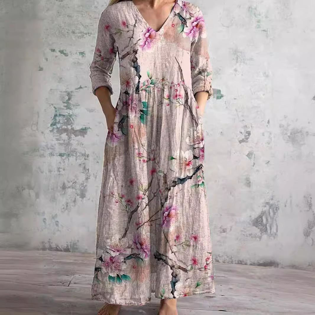 Scarlett Robe Maxi Fleurie Femme Col V Fluide Élégante avec Poches Chic