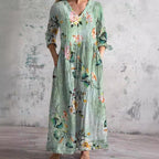 Scarlett Robe Maxi Fleurie Femme Col V Fluide Élégante avec Poches Chic