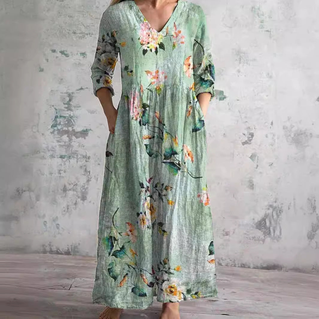 Scarlett Robe Maxi Fleurie Femme Col V Fluide Élégante avec Poches Chic