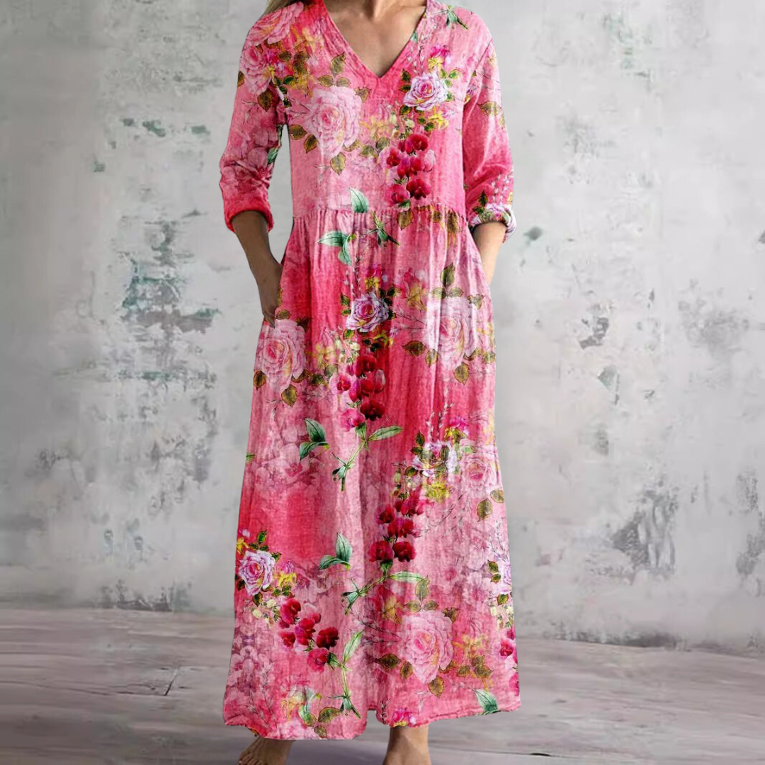 Scarlett Robe Maxi Fleurie Femme Col V Fluide Élégante avec Poches Chic