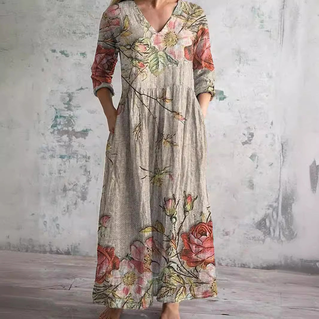 Scarlett Robe Maxi Fleurie Femme Col V Fluide Élégante avec Poches Chic