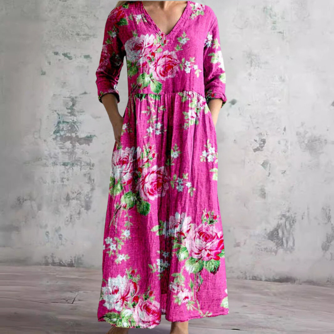 Scarlett Robe Maxi Fleurie Femme Col V Fluide Élégante avec Poches Chic