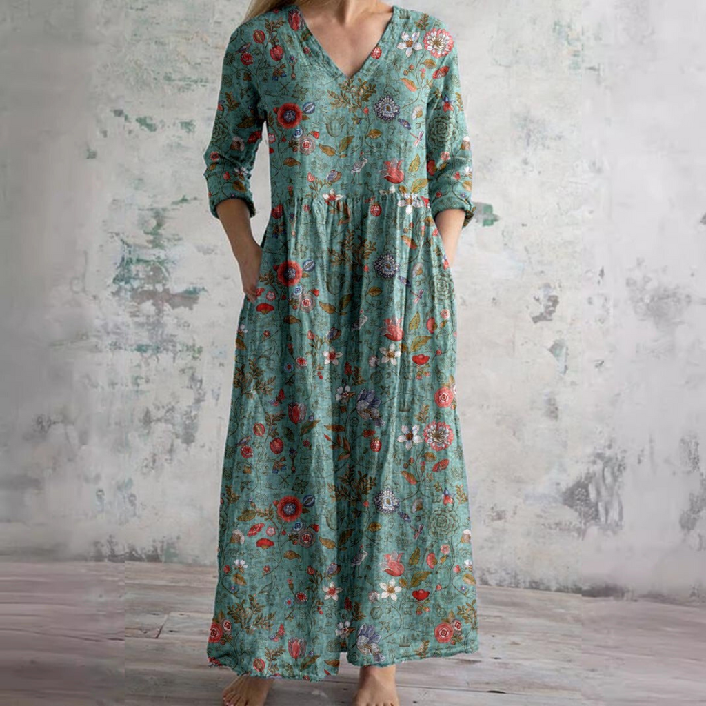 Scarlett Robe Maxi Fleurie Femme Col V Fluide Élégante avec Poches Chic