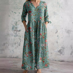 Scarlett Robe Maxi Fleurie Femme Col V Fluide Élégante avec Poches Chic