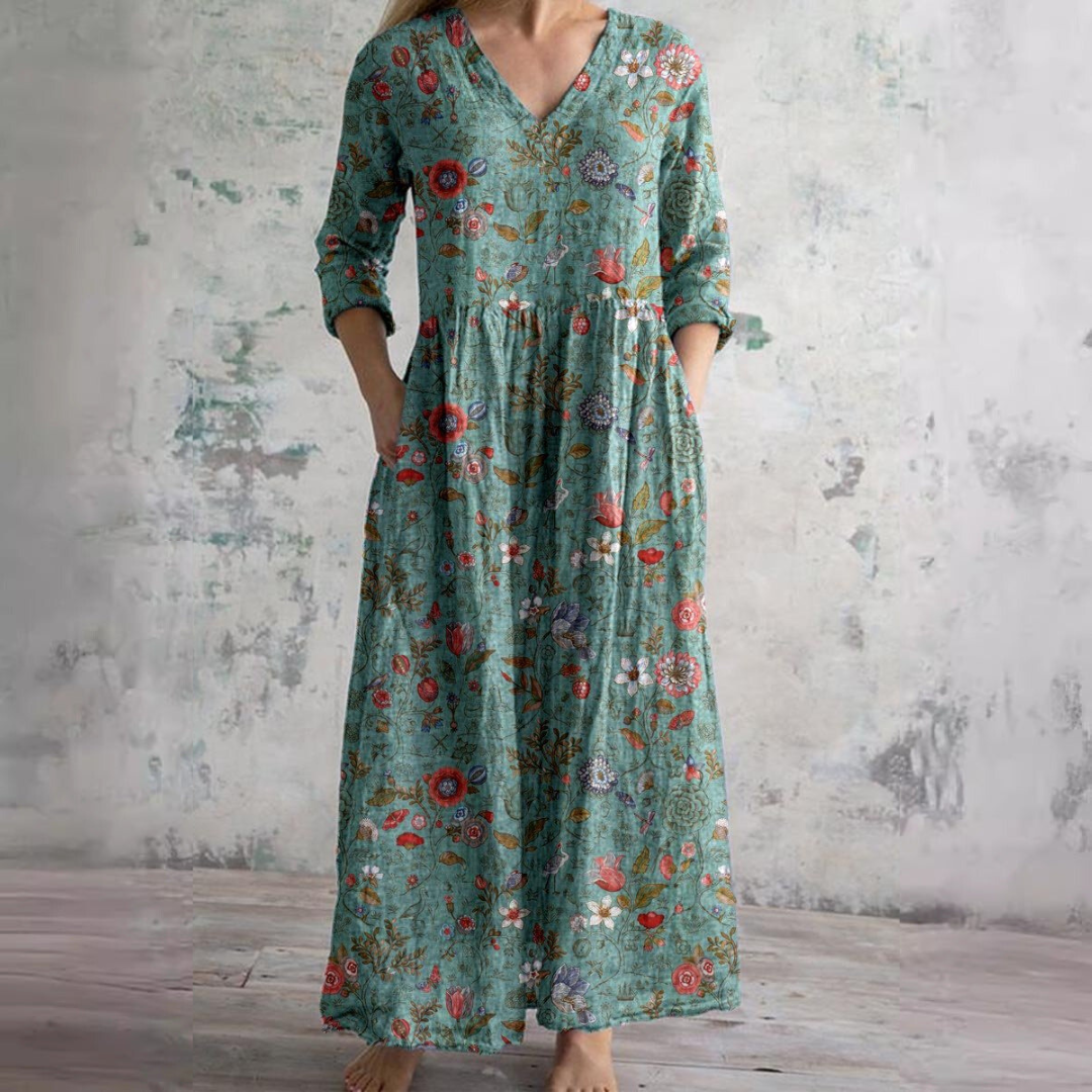 Scarlett Robe Maxi Fleurie Femme Col V Fluide Élégante avec Poches Chic