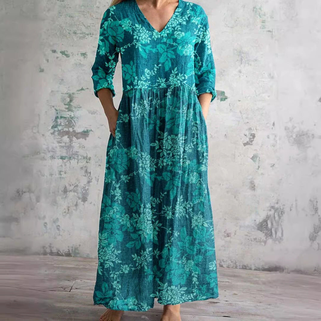 Scarlett Robe Maxi Fleurie Femme Col V Fluide Élégante avec Poches Chic