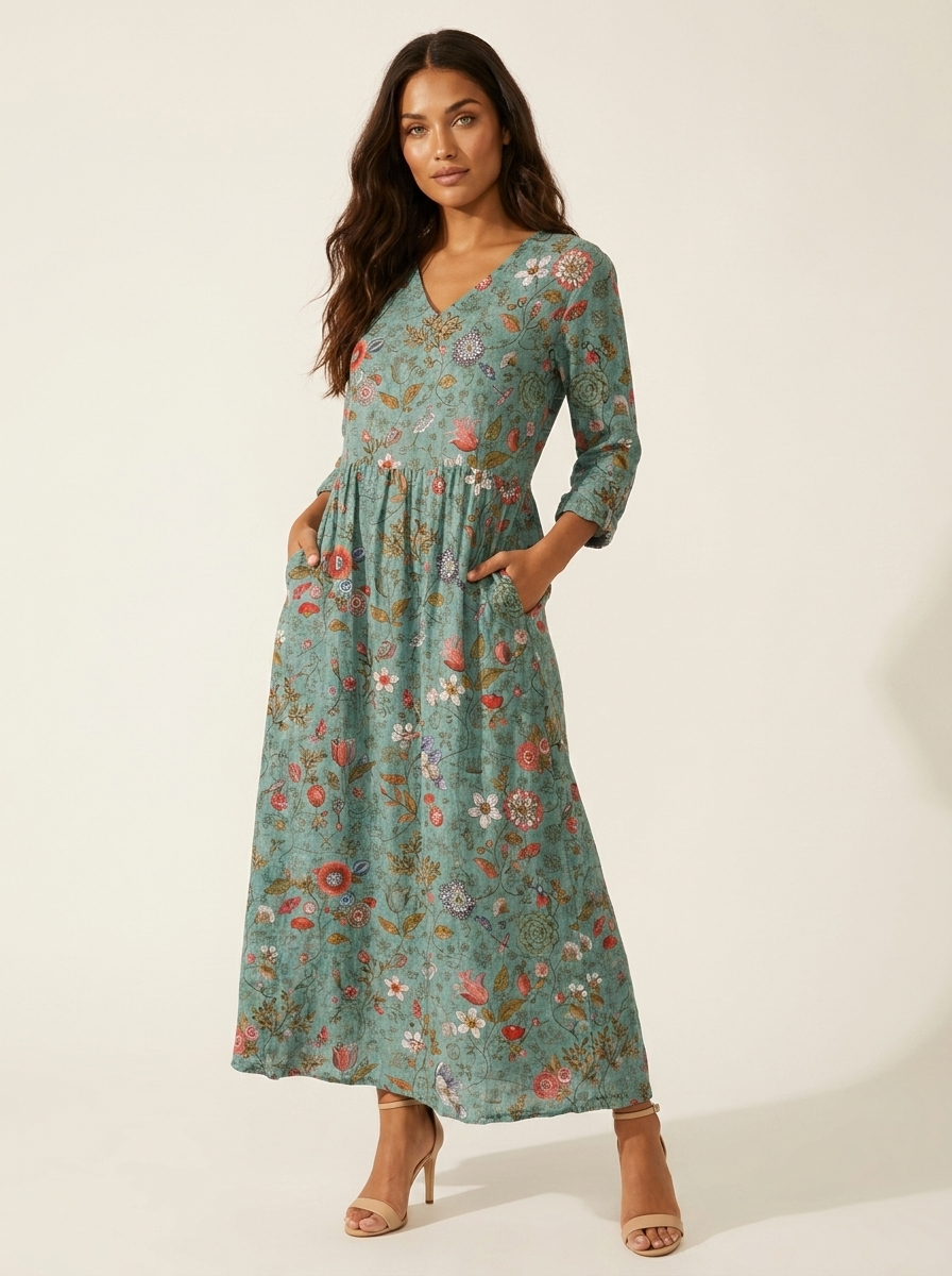 Scarlett Robe Maxi Fleurie Femme Col V Fluide Élégante avec Poches Chic