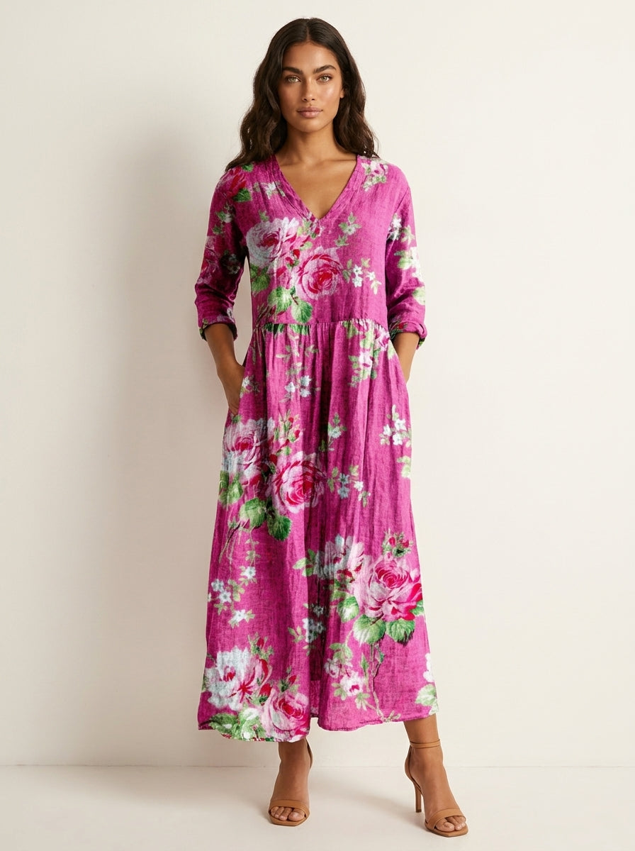 Scarlett Robe Maxi Fleurie Femme Col V Fluide Élégante avec Poches Chic