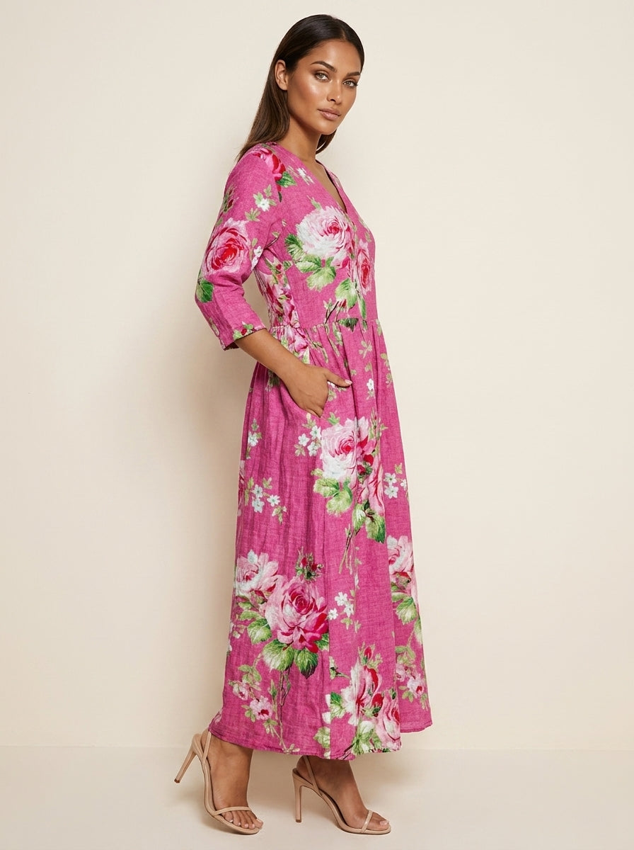 Scarlett Robe Maxi Fleurie Femme Col V Fluide Élégante avec Poches Chic