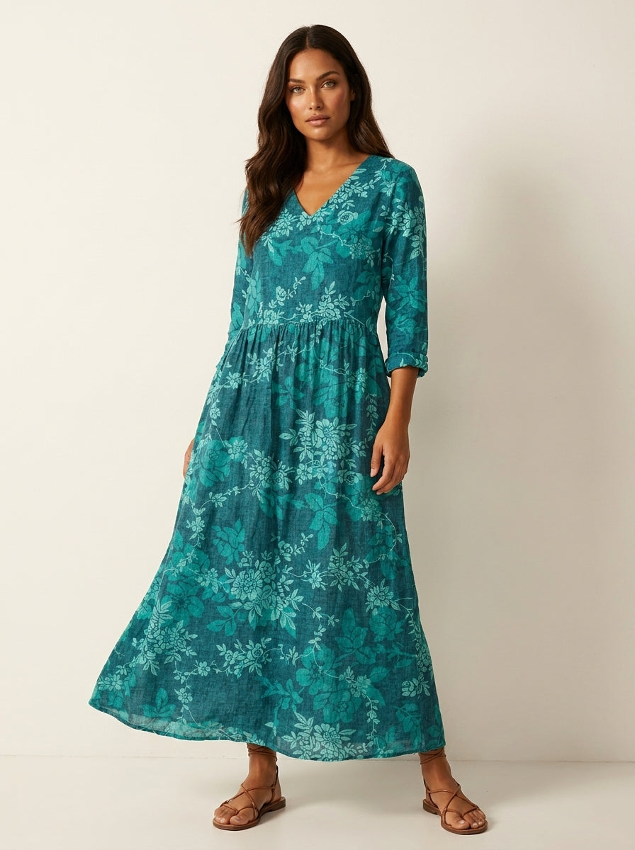 Scarlett Robe Maxi Fleurie Femme Col V Fluide Élégante avec Poches Chic