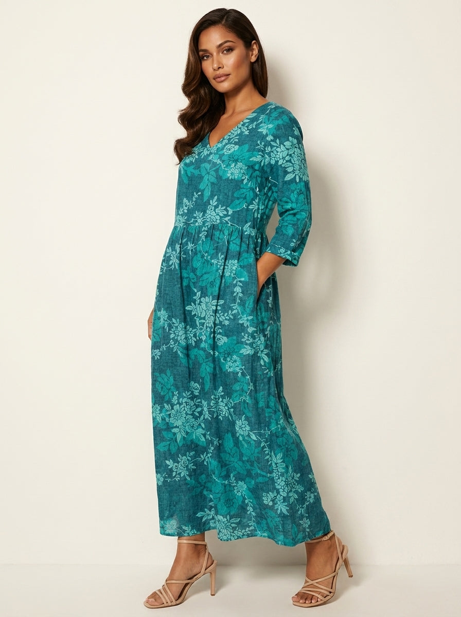 Scarlett Robe Maxi Fleurie Femme Col V Fluide Élégante avec Poches Chic