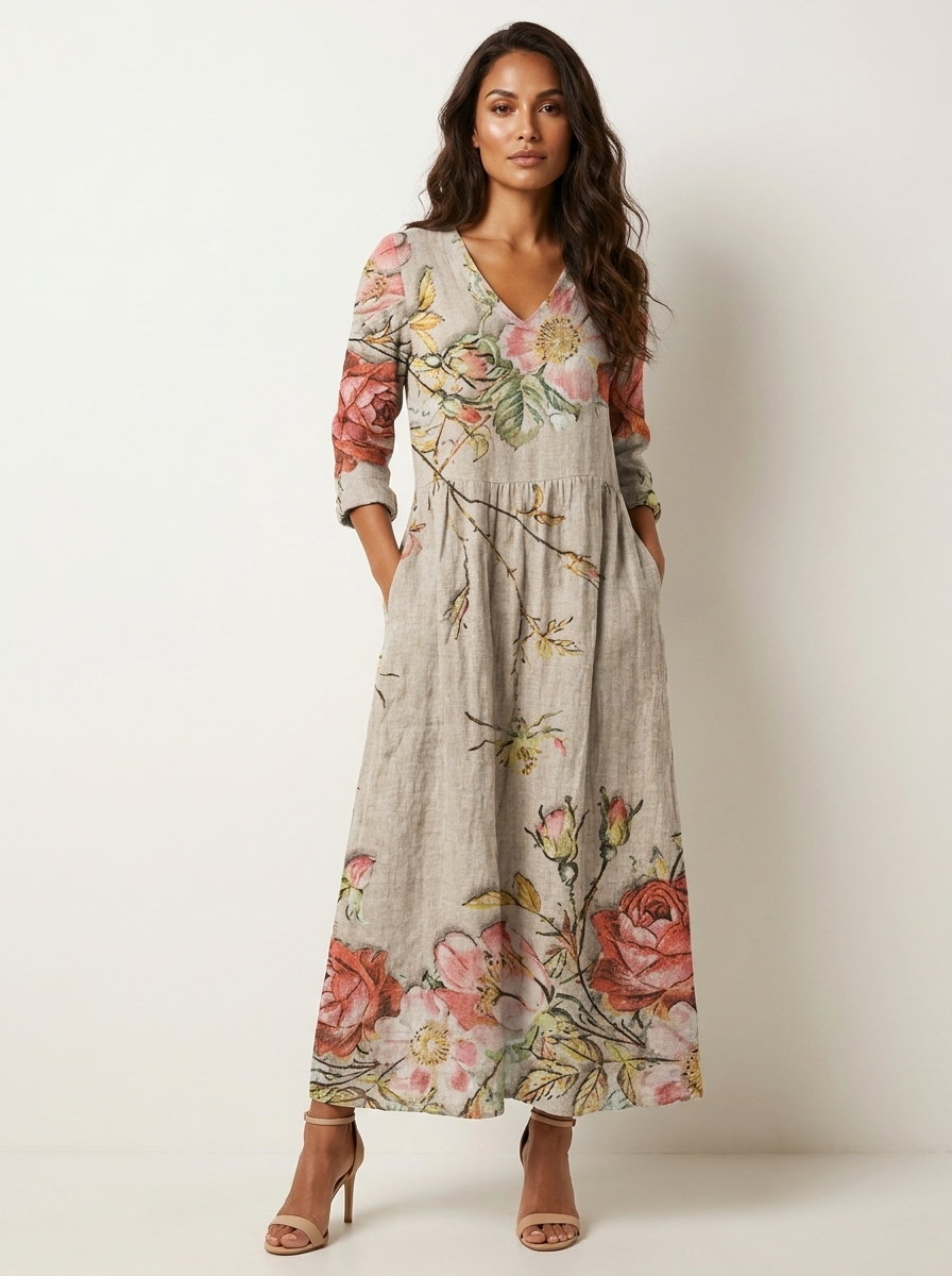 Scarlett Robe Maxi Fleurie Femme Col V Fluide Élégante avec Poches Chic