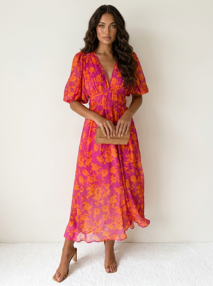 Kennedy Robe Maxi Fleurie Femme Col V Manches Courtes Élégante de Soirée
