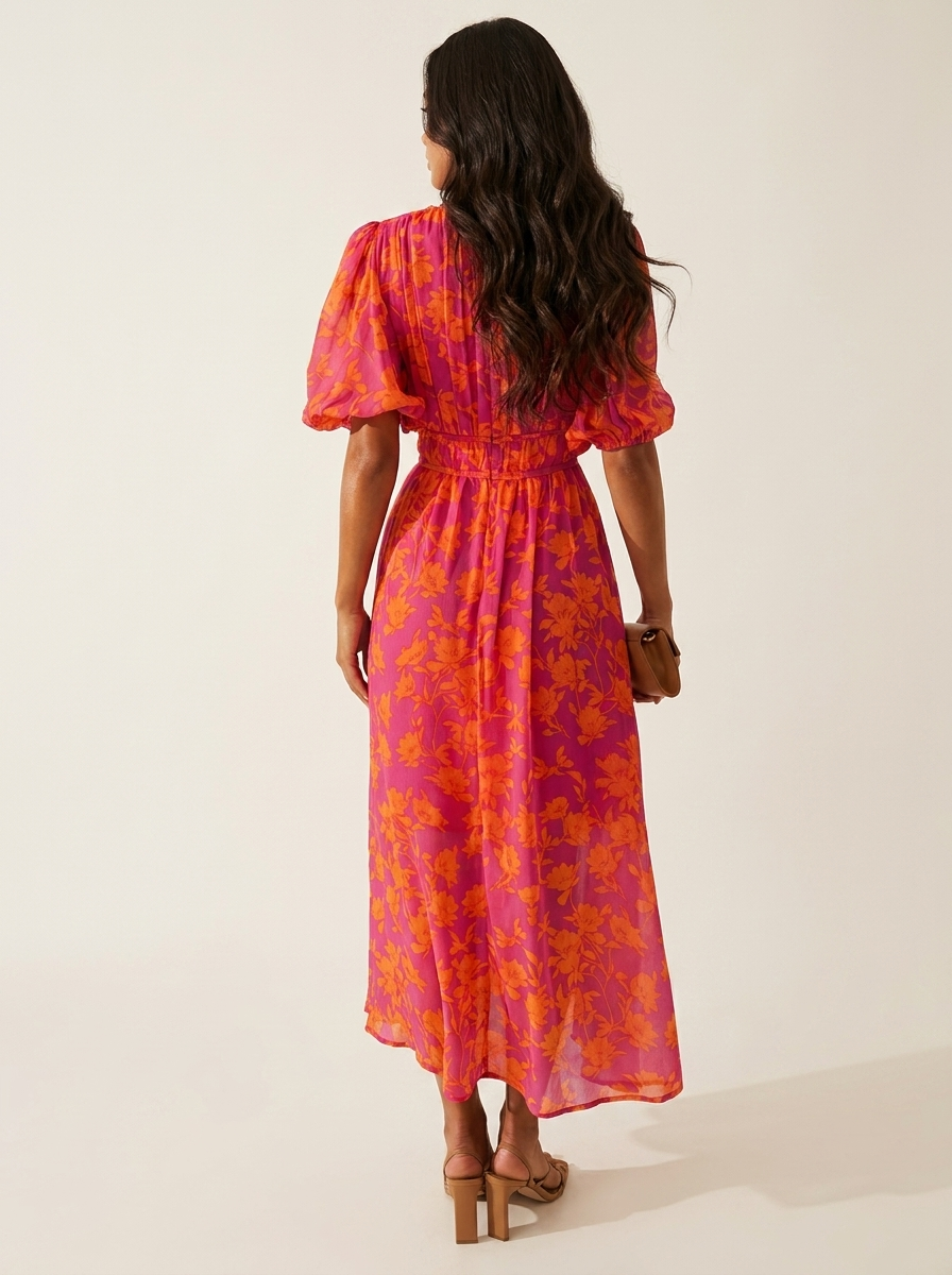 Kennedy Robe Maxi Fleurie Femme Col V Manches Courtes Élégante de Soirée