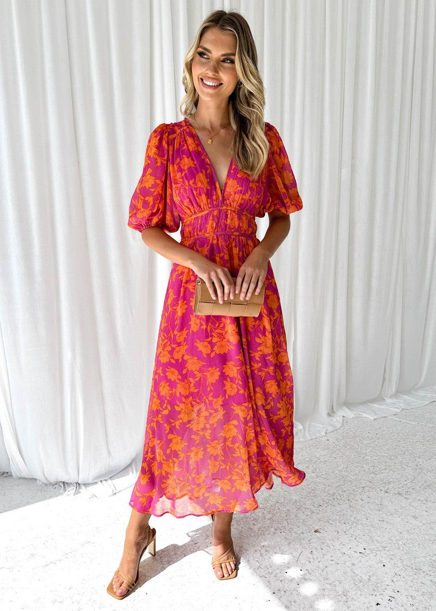 Kennedy Robe Maxi Fleurie Femme Col V Manches Courtes Élégante de Soirée