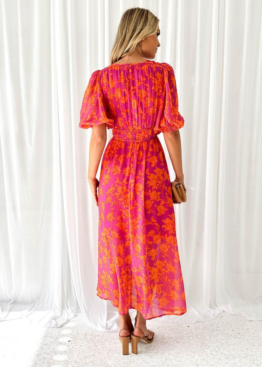 Kennedy Robe Maxi Fleurie Femme Col V Manches Courtes Élégante de Soirée