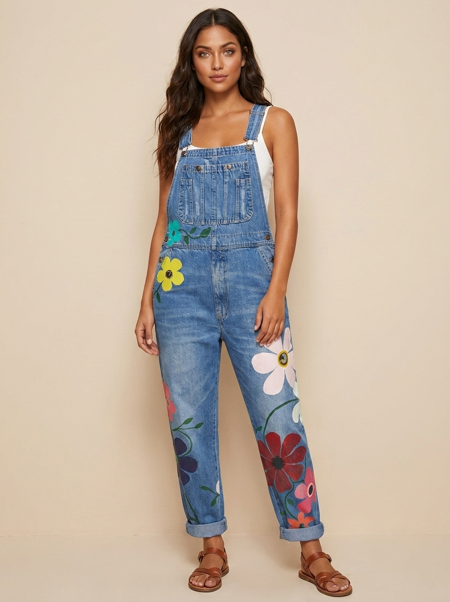Willow Combinaison Salopette Femme en Jean Fleurie Coupe Ample Décontractée Chic