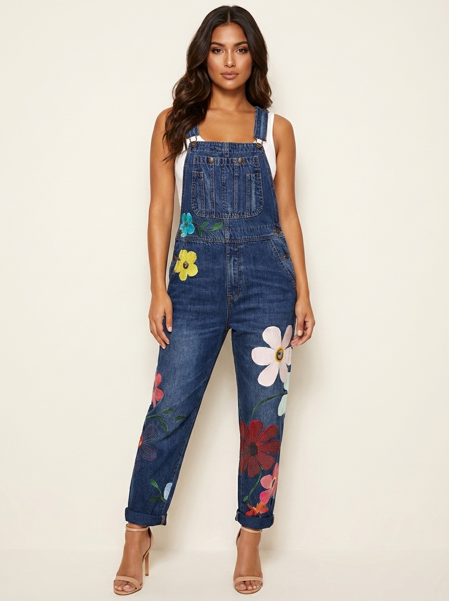 Willow Combinaison Salopette Femme en Jean Fleurie Coupe Ample Décontractée Chic