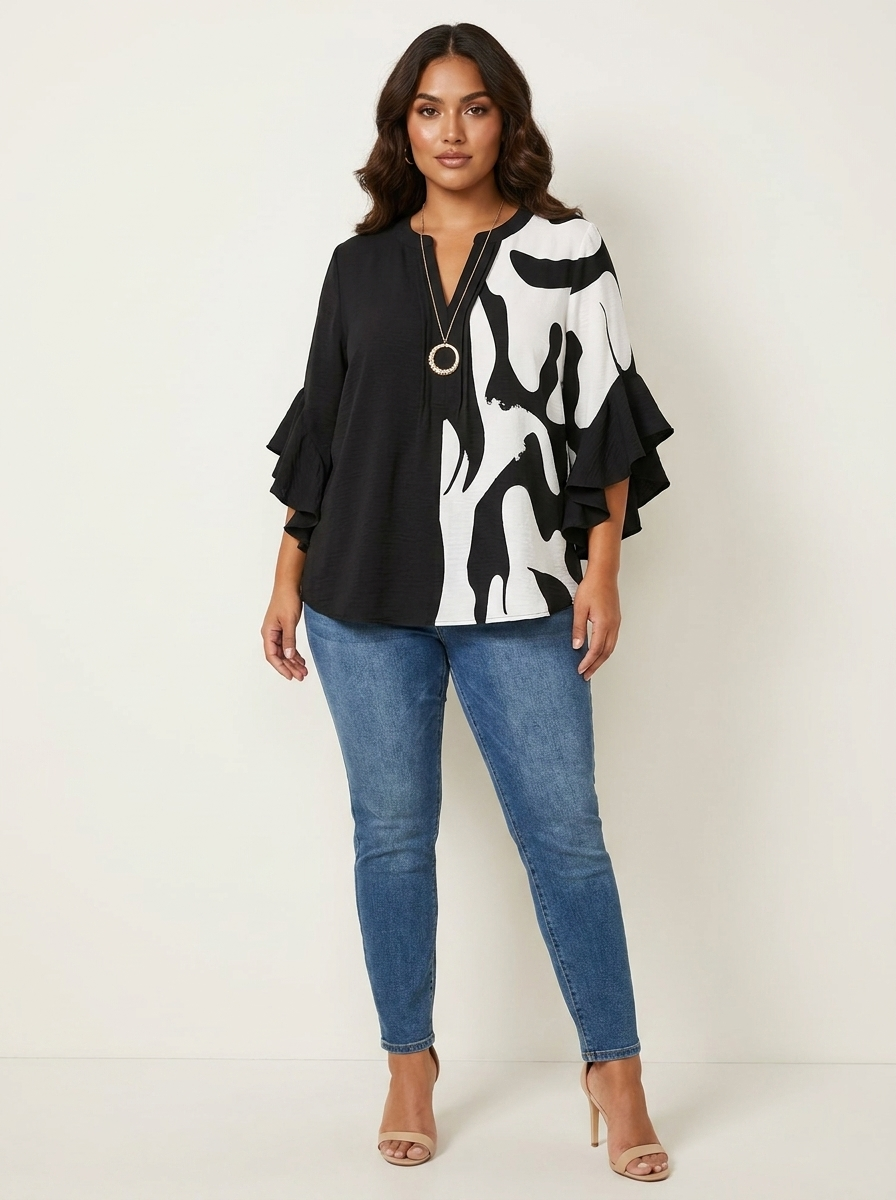 Dakota Blouse Femme Imprimé Graphique Col V à Manches Volantées Élégante