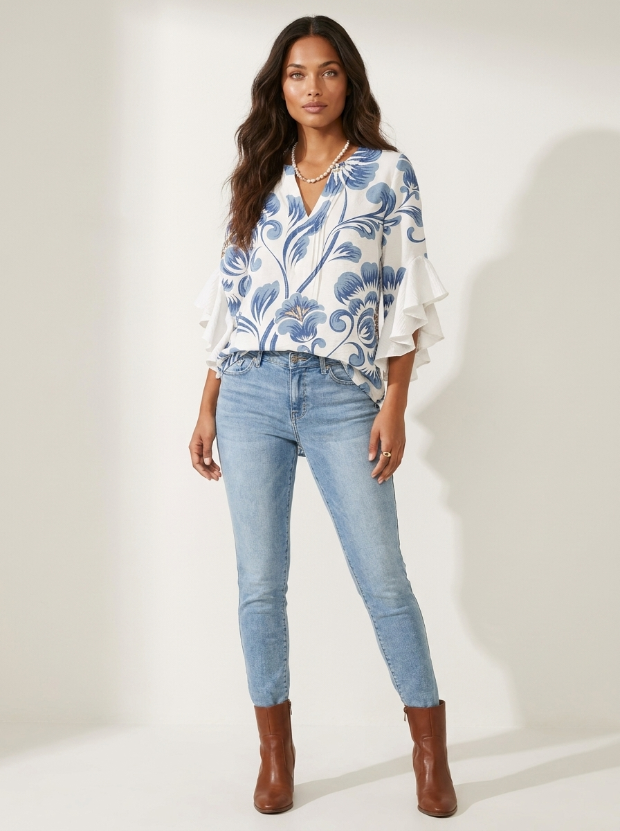 Dakota Blouse Femme Imprimé Graphique Col V à Manches Volantées Élégante