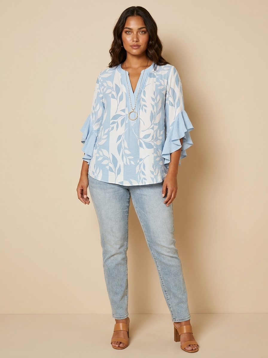 Dakota Blouse Femme Imprimé Graphique Col V à Manches Volantées Élégante