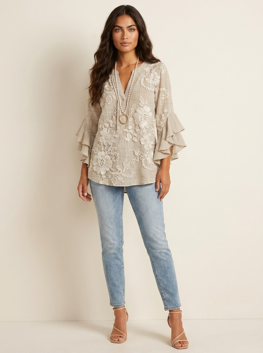 Dakota Blouse Femme Imprimé Graphique Col V à Manches Volantées Élégante