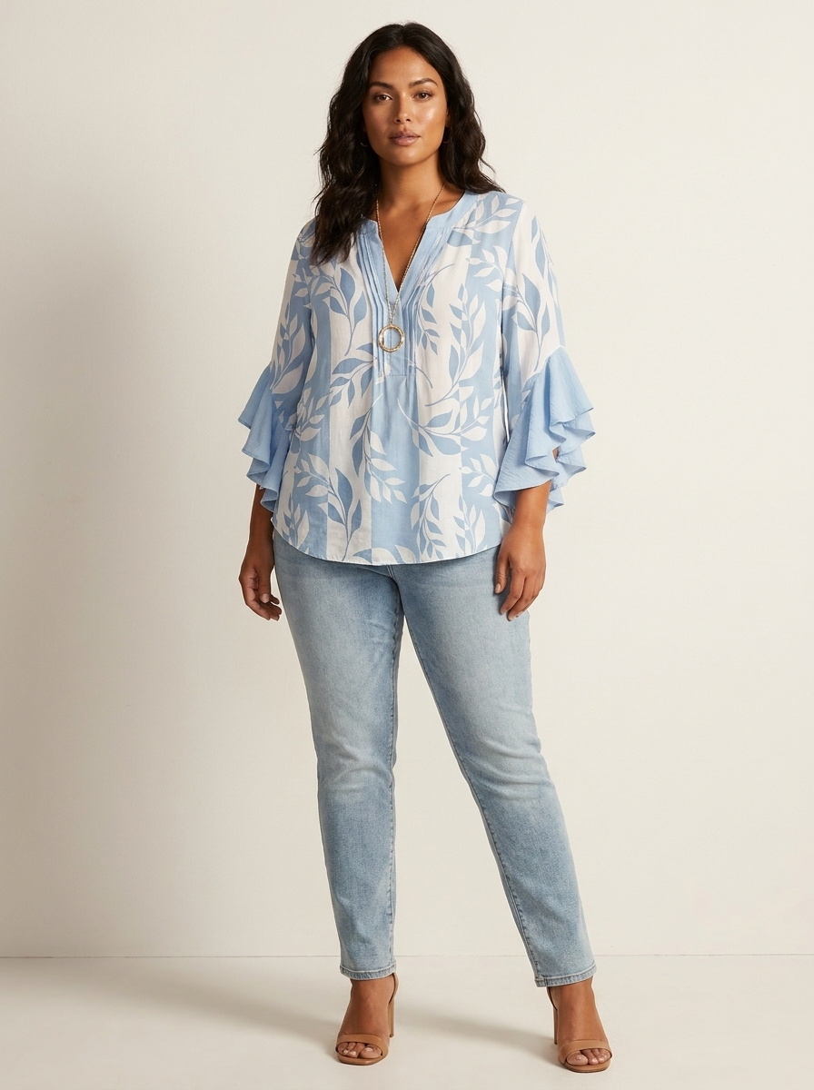 Dakota Blouse Femme Imprimé Graphique Col V à Manches Volantées Élégante
