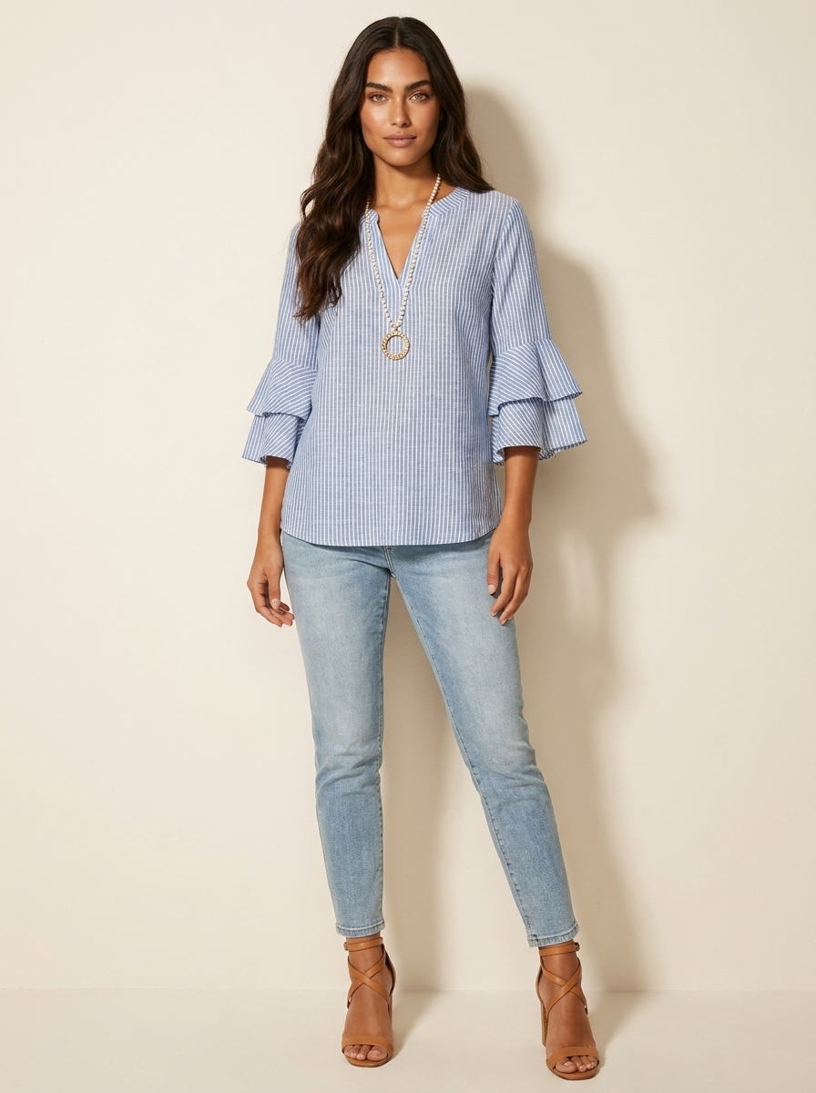 Dakota Blouse Femme Imprimé Graphique Col V à Manches Volantées Élégante