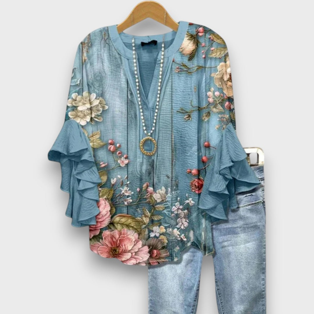 Dakota Blouse Femme Imprimé Graphique Col V à Manches Volantées Élégante