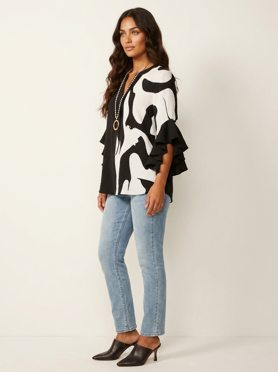 Dakota Blouse Femme Imprimé Graphique Col V à Manches Volantées Élégante
