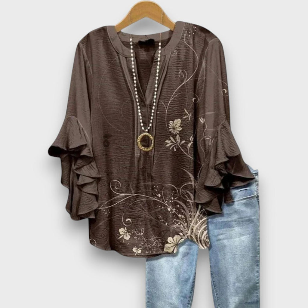 Dakota Blouse Femme Imprimé Graphique Col V à Manches Volantées Élégante