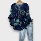Dakota Blouse Femme Imprimé Graphique Col V à Manches Volantées Élégante