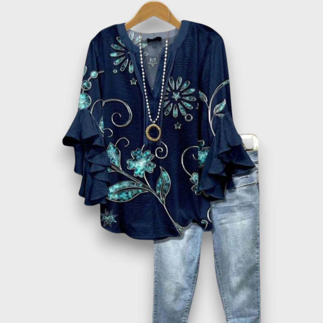 Dakota Blouse Femme Imprimé Graphique Col V à Manches Volantées Élégante