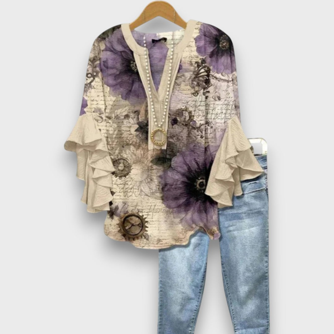 Dakota Blouse Femme Imprimé Graphique Col V à Manches Volantées Élégante