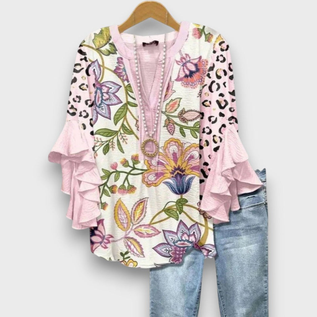 Dakota Blouse Femme Imprimé Graphique Col V à Manches Volantées Élégante