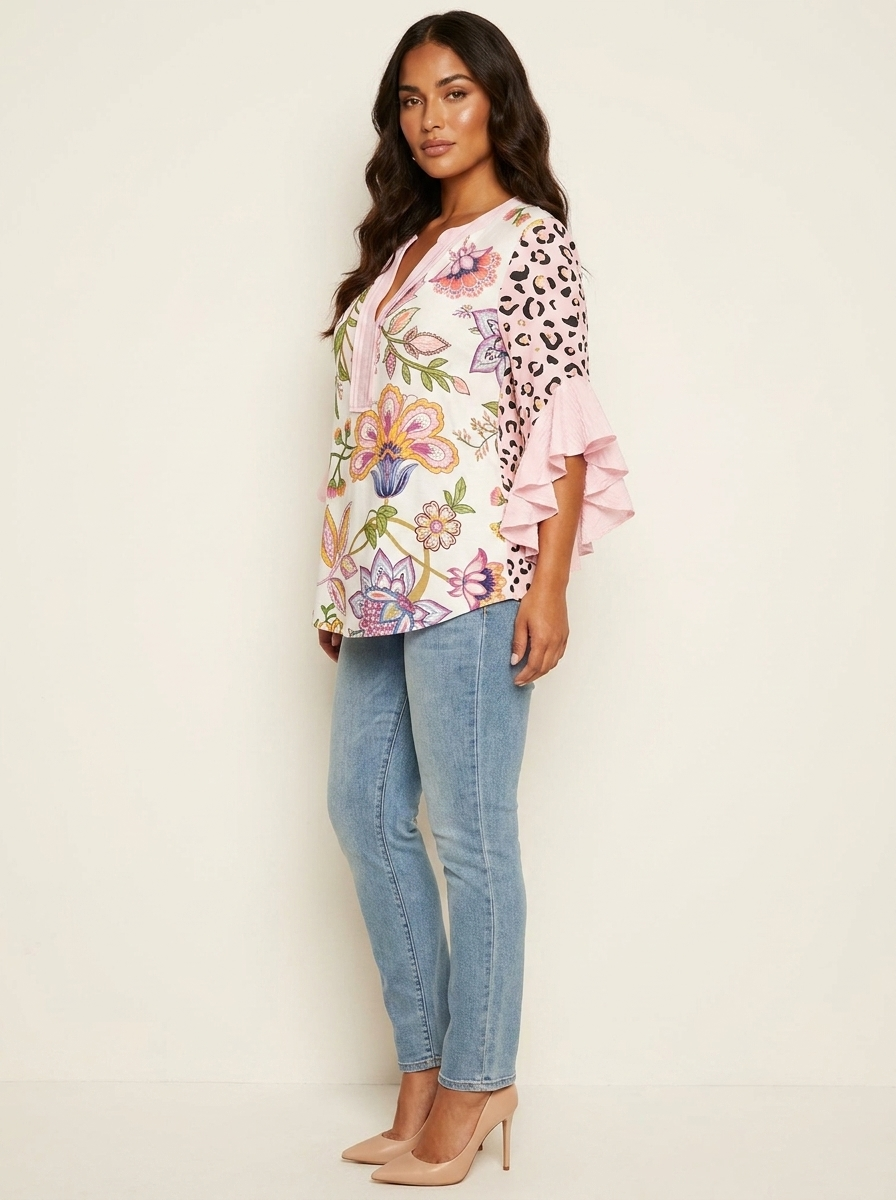 Dakota Blouse Femme Imprimé Graphique Col V à Manches Volantées Élégante