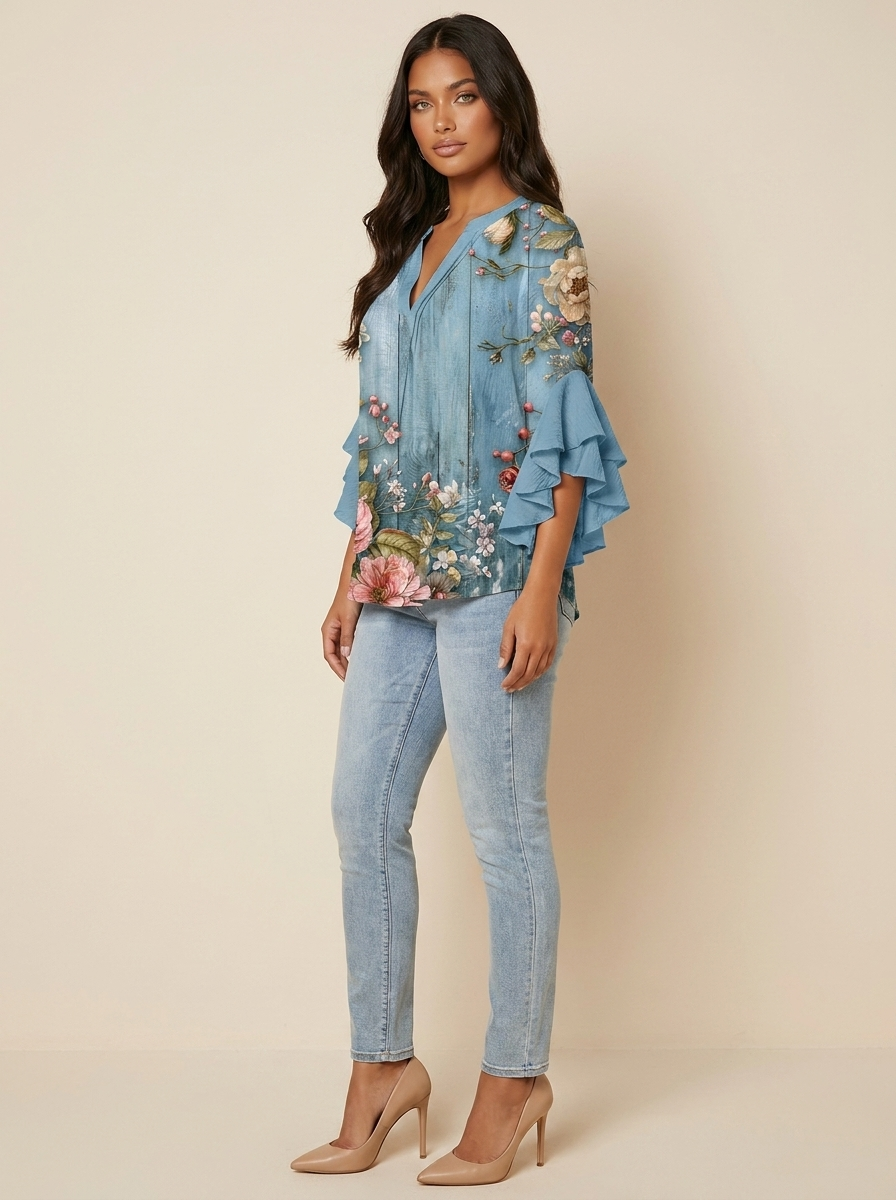 Dakota Blouse Femme Imprimé Graphique Col V à Manches Volantées Élégante
