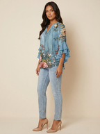Dakota Blouse Femme Imprimé Graphique Col V à Manches Volantées Élégante