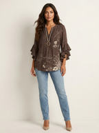 Dakota Blouse Femme Imprimé Graphique Col V à Manches Volantées Élégante
