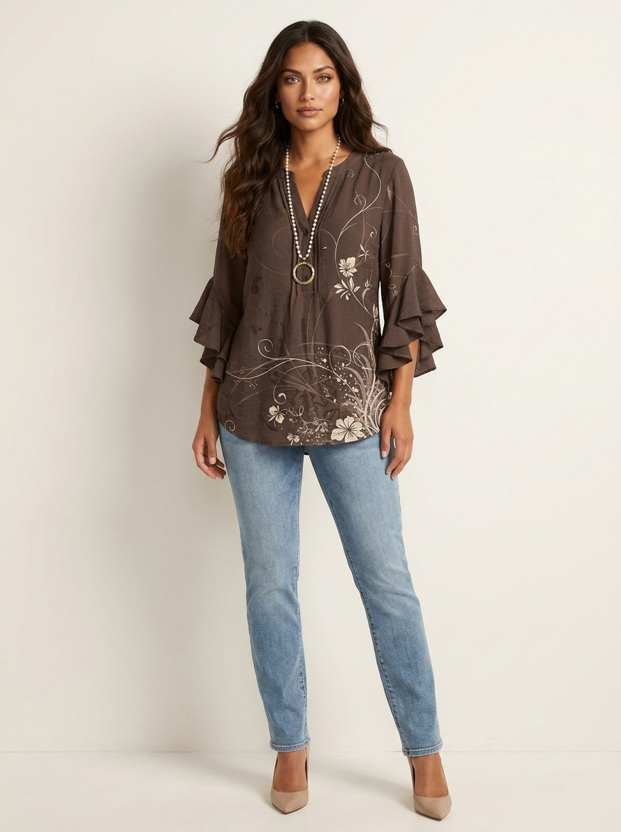 Dakota Blouse Femme Imprimé Graphique Col V à Manches Volantées Élégante