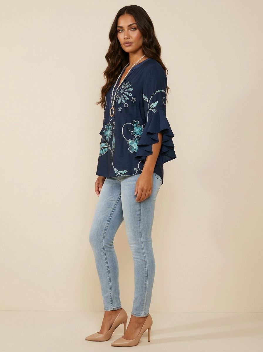 Dakota Blouse Femme Imprimé Graphique Col V à Manches Volantées Élégante