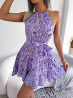 Hailey Robe Femme Fleurie Dos Nu à Col Halter avec Ceinture Élégante Chic
