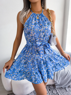 Hailey Robe Femme Fleurie Dos Nu à Col Halter avec Ceinture Élégante Chic