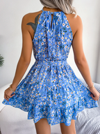 Hailey Robe Femme Fleurie Dos Nu à Col Halter avec Ceinture Élégante Chic